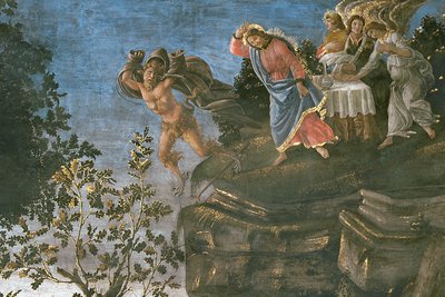 De Reiniging van de Melaatse en de Verleiding van Christus, in de Sixtijnse Kapel, 1481 fresco (detail) door Sandro Botticelli